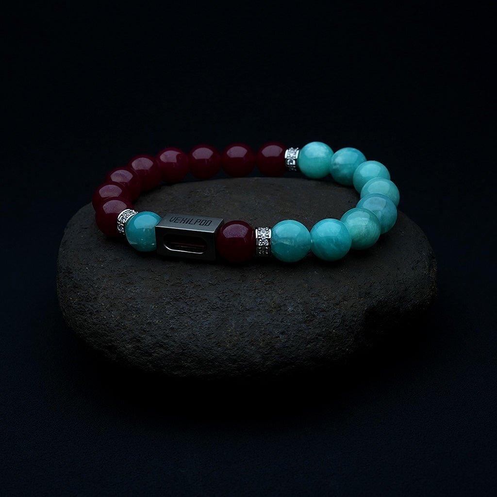 10mm natural red corundum & black bone crystal couple titanium steel bracelet - vexilpod