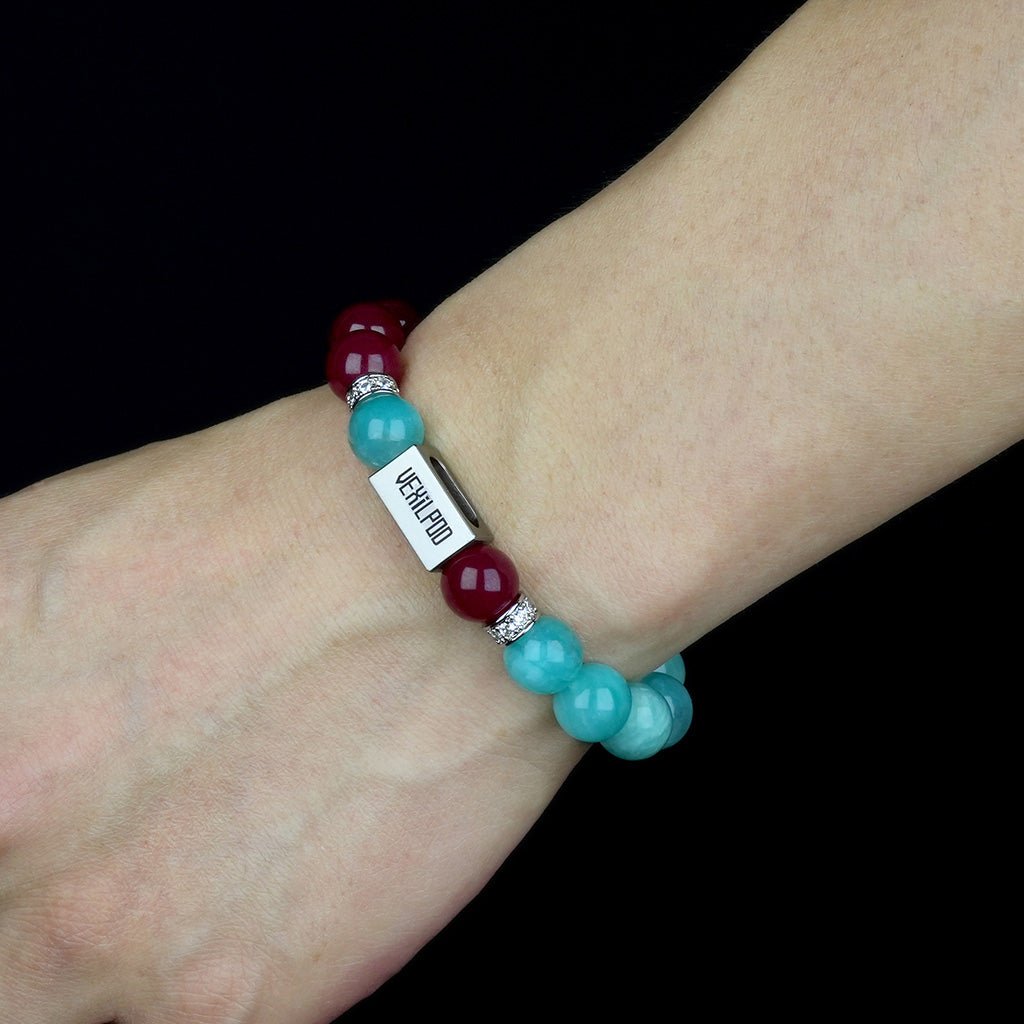 10mm natural red corundum & black bone crystal couple titanium steel bracelet - vexilpod