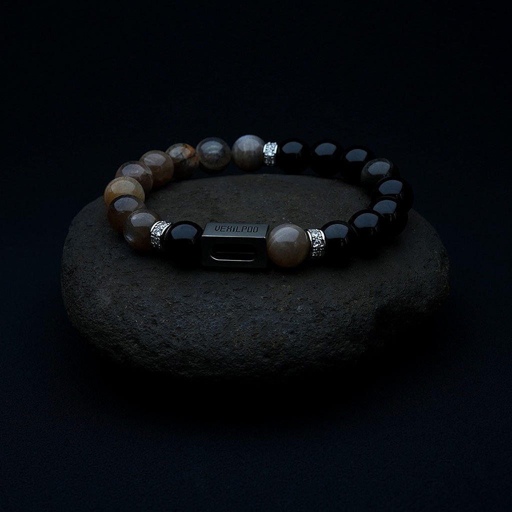 10mm natural red corundum & black bone crystal couple titanium steel bracelet - vexilpod