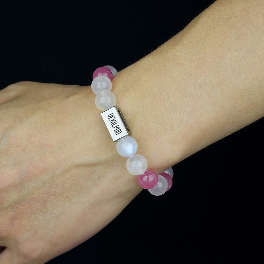 10mm natural rose red crystal & gray moonlight couple titanium steel bracelet - vexilpod