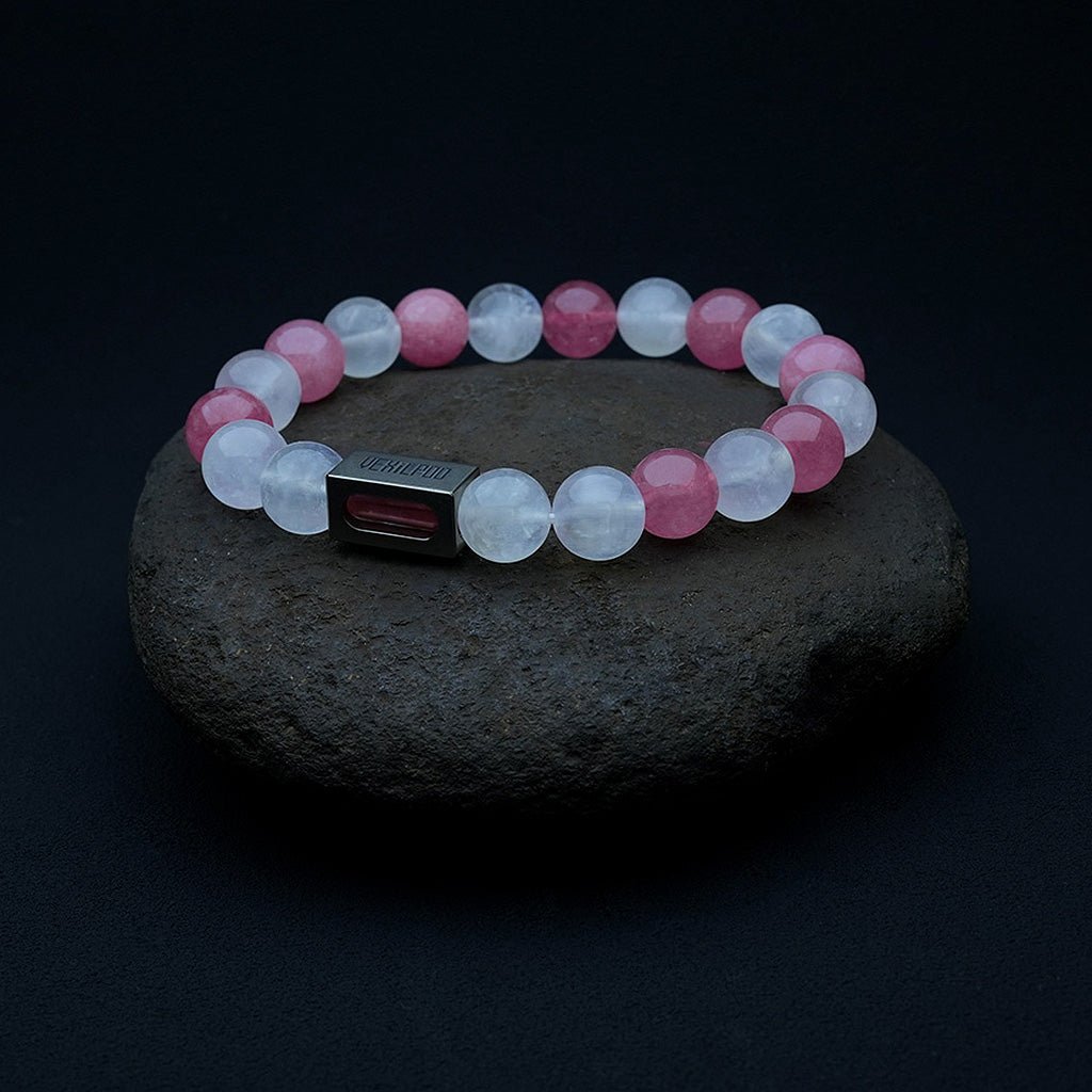 10mm natural rose red crystal & gray moonlight couple titanium steel bracelet - vexilpod