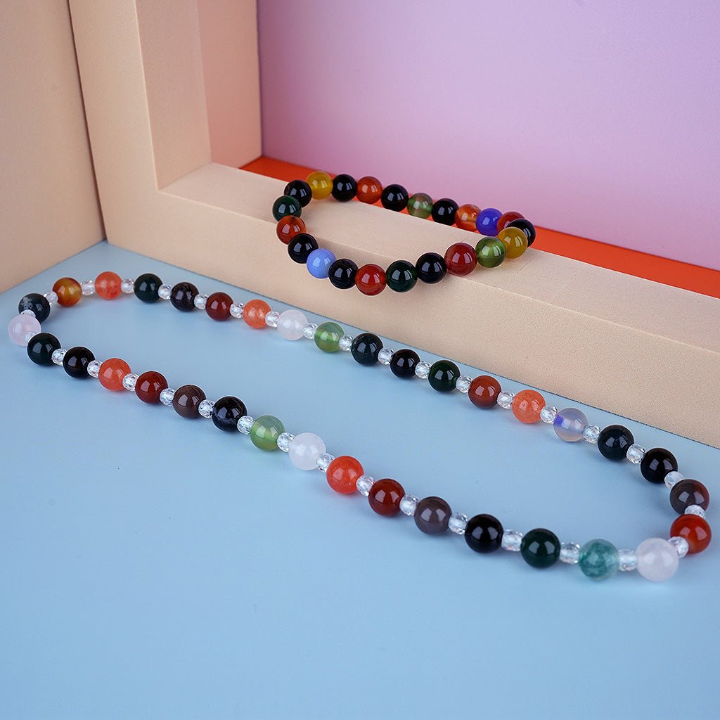8mm natural colorful agate parent - child set titanium steel bracelet - vexilpod