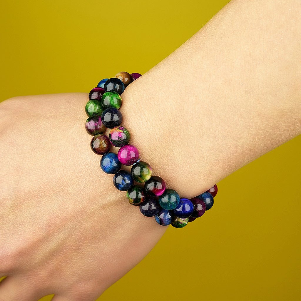 8mm natural colorful tiger eye stone parent - child set titanium steel bracelet - vexilpod