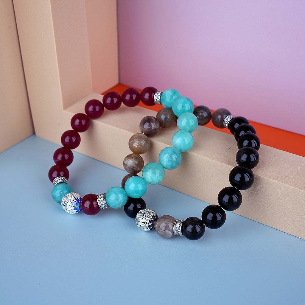 10mm natural red corundum & black bone crystal couple titanium steel bracelet