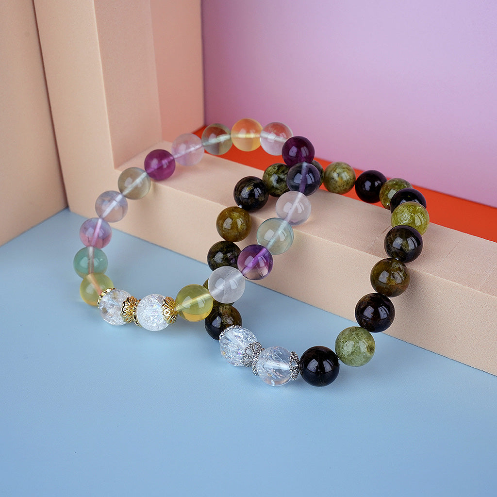 10mm natural candy fluorite & green garnet couple titanium steel bracelet