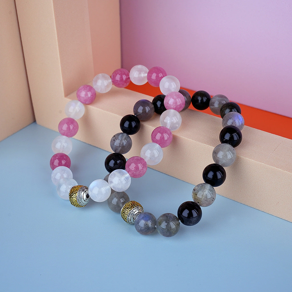 10mm natural rose red crystal & gray moonlight couple titanium steel bracelet