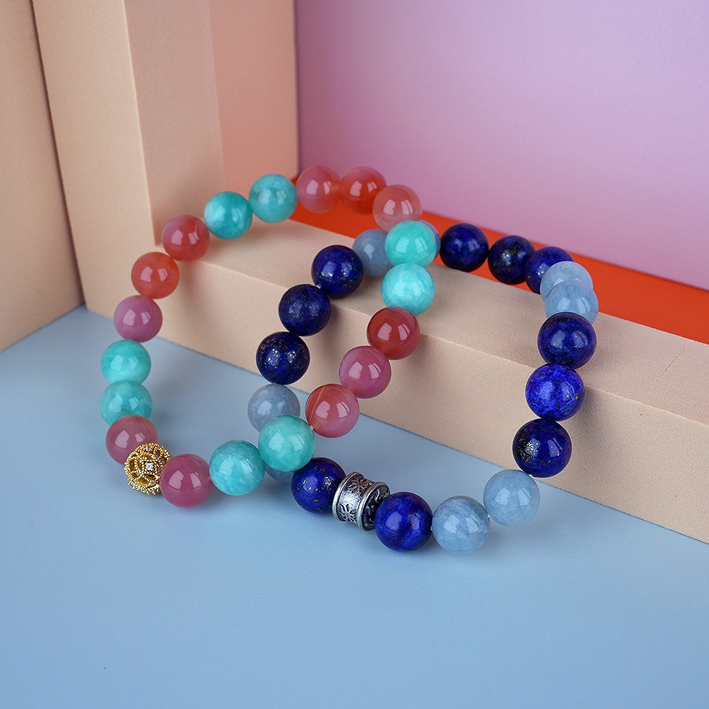 10mm natural red agate + lapis lazuli couple titanium steel bracelet