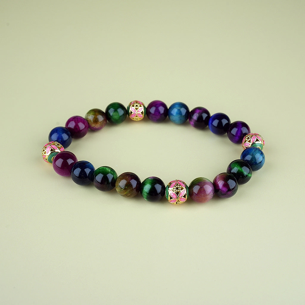 8mm natural colorful tiger eye stone parent-child set titanium steel bracelet