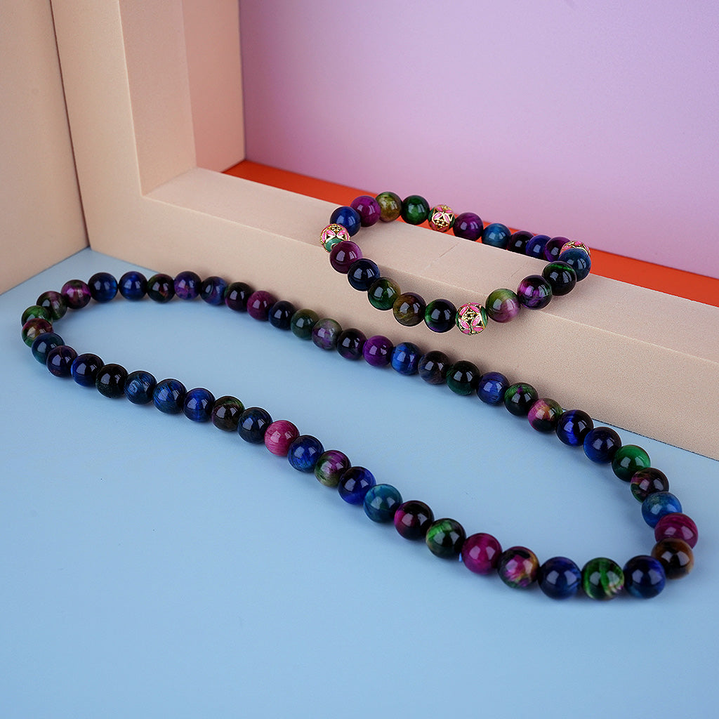 8mm natural colorful tiger eye stone parent-child set titanium steel bracelet